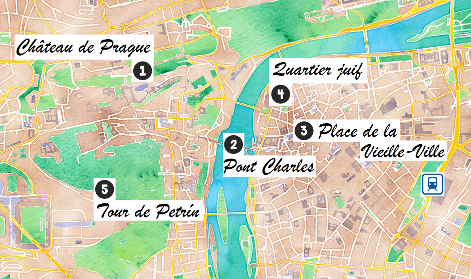 Carte des lieux touristiques de Prague.